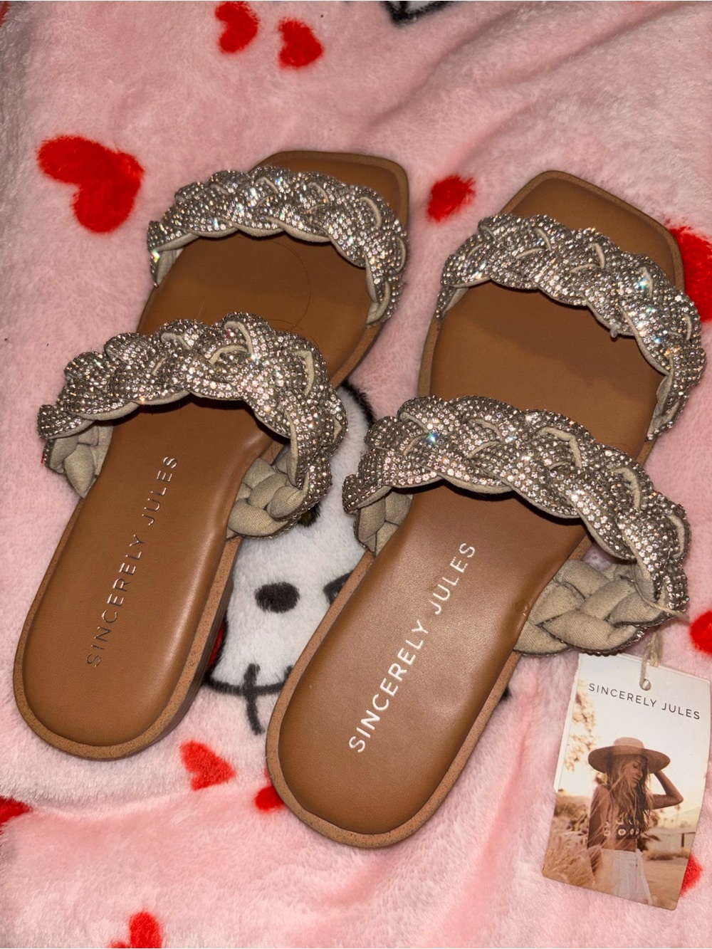 Sincerely Jules Taupe Braided Crystal-Embellished Slide Sandals